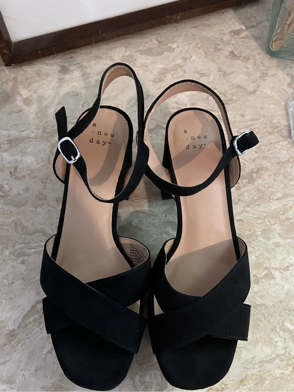 a new day Black Suede Platform Block Heel Sandals with Ankle Strap